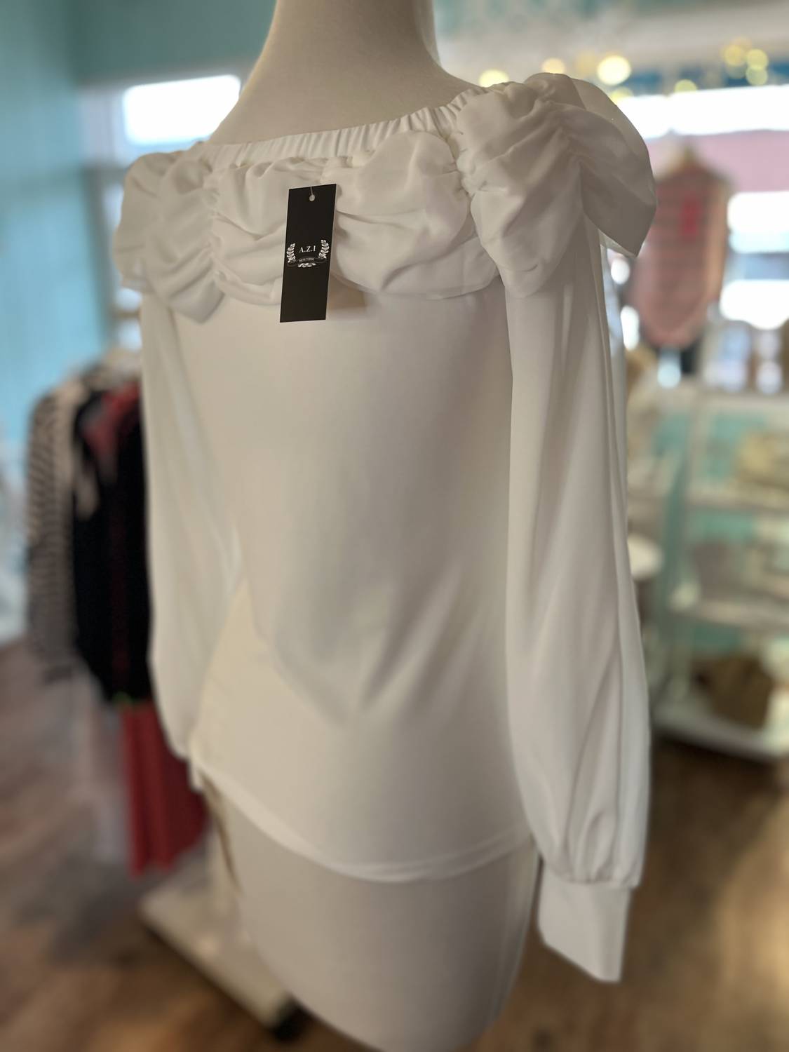 AZI Women's Chelsea Ruched neckline Blouse in white - women's blouse - detail view