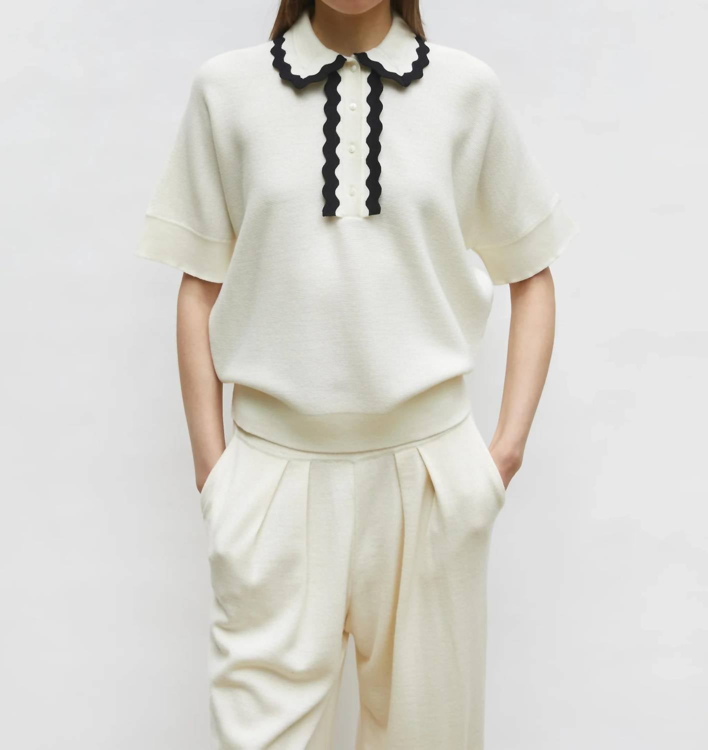 Molli - Rickrack Collar Loose-fitting Knit Top