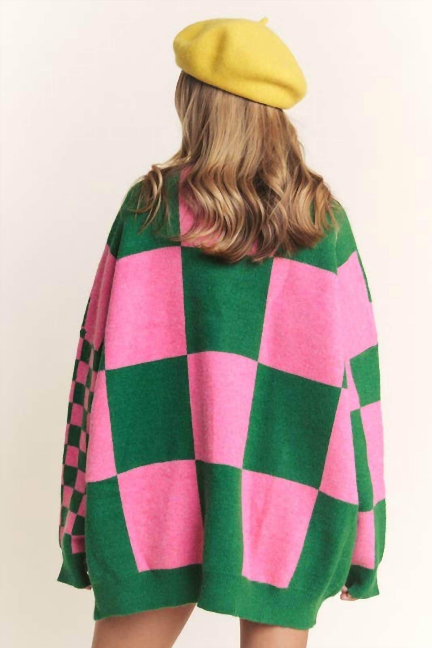 Jade By Jane - Button Down Long Sleeve Checkered Oversized Cardigan