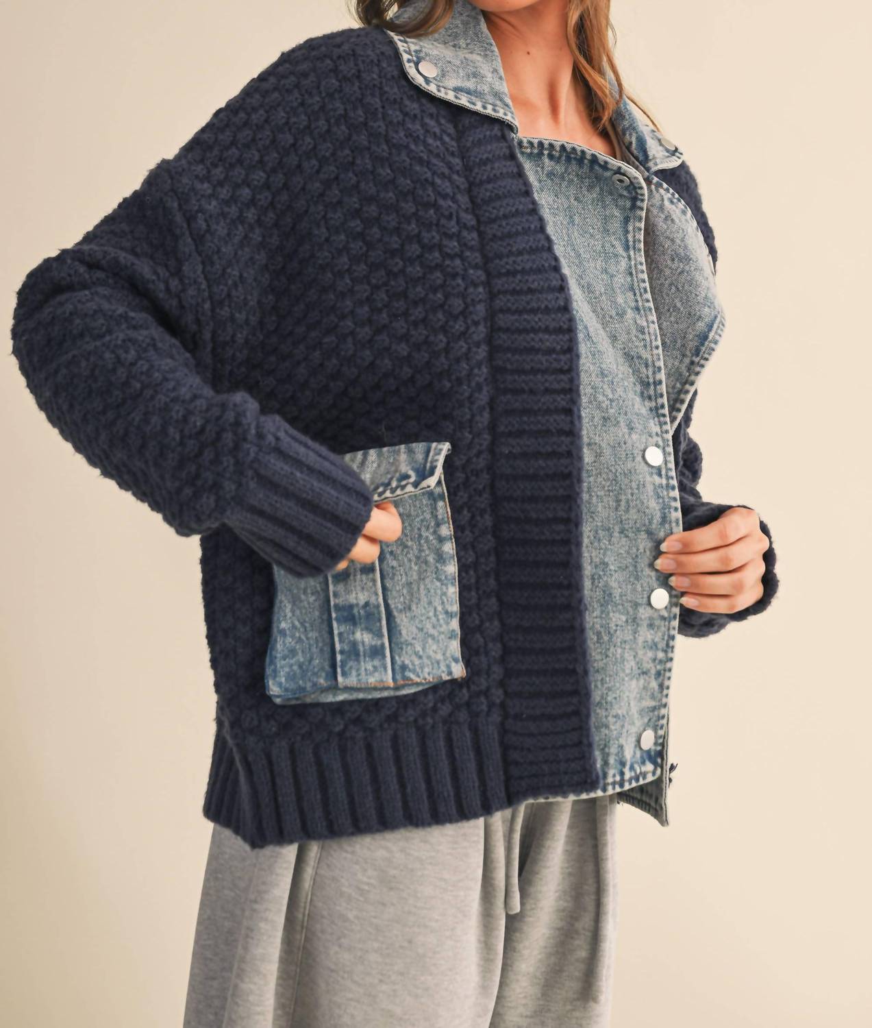 Klesis - Cora Denim Contrast Cable Knit Sweater