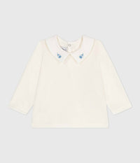 Petit Bateau Ellie Embroidered Collar Blouse in cream and white - kids' blouse - detail view