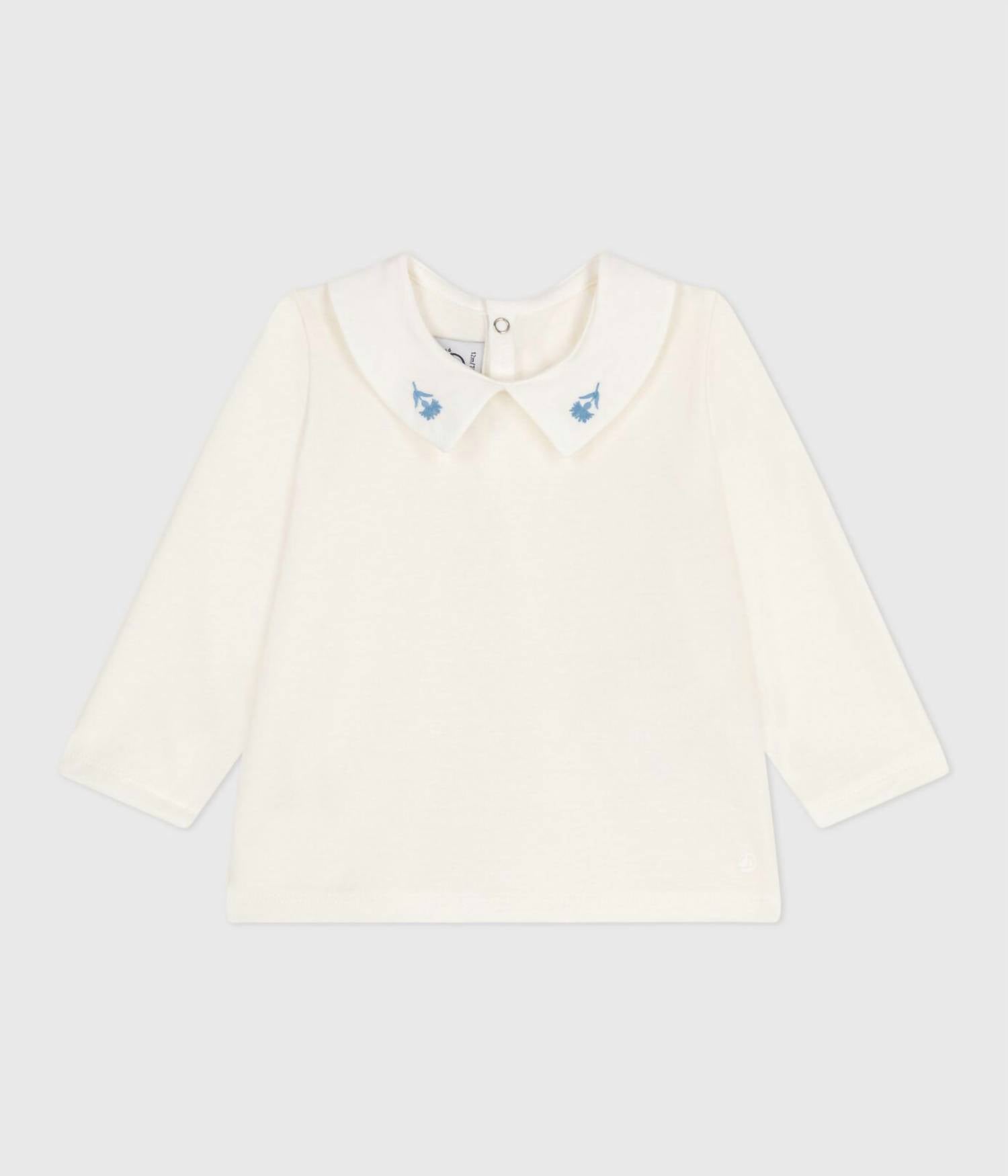 Petit Bateau Ellie Embroidered Collar Blouse in cream and white - kids' blouse - detail view