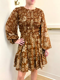FLYING TOMATO Smocked Printed Mini Dress in brown - women's dress