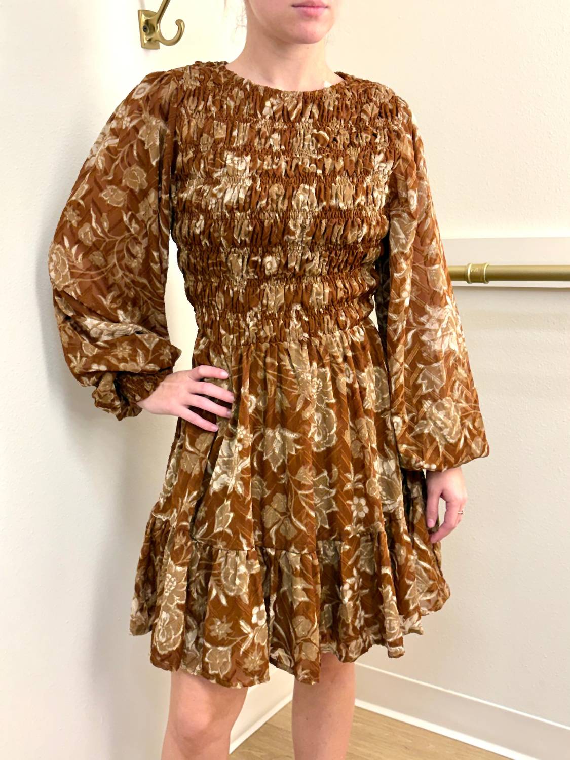 FLYING TOMATO Smocked Printed Mini Dress in brown - women's dress