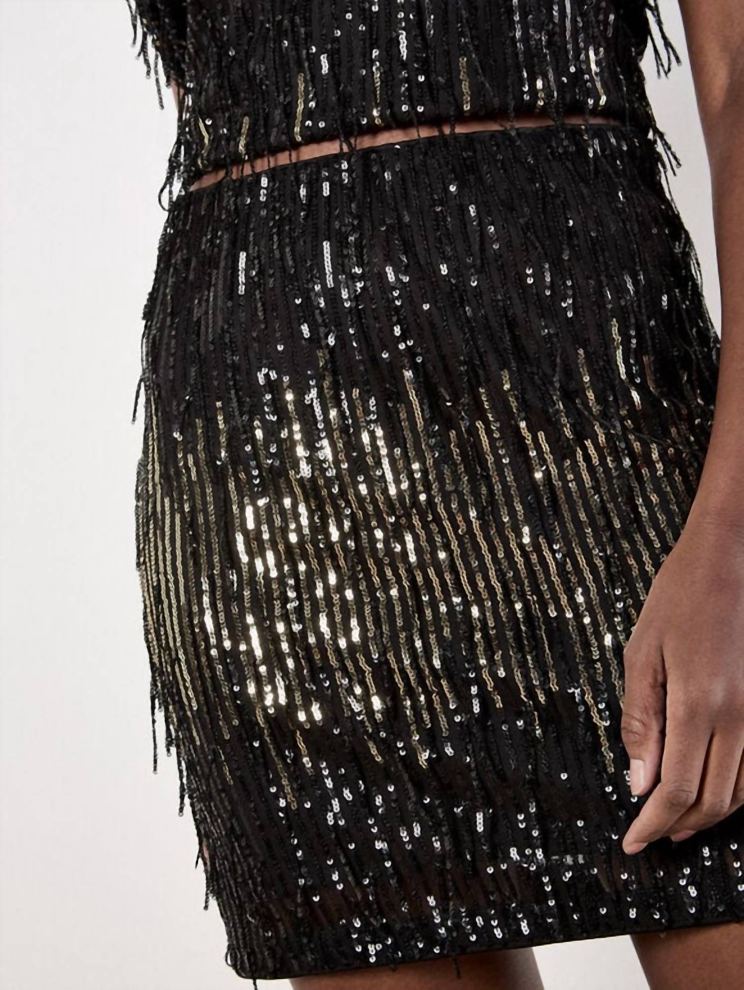 Apricot - Sequin Stripe Fringe Skirt