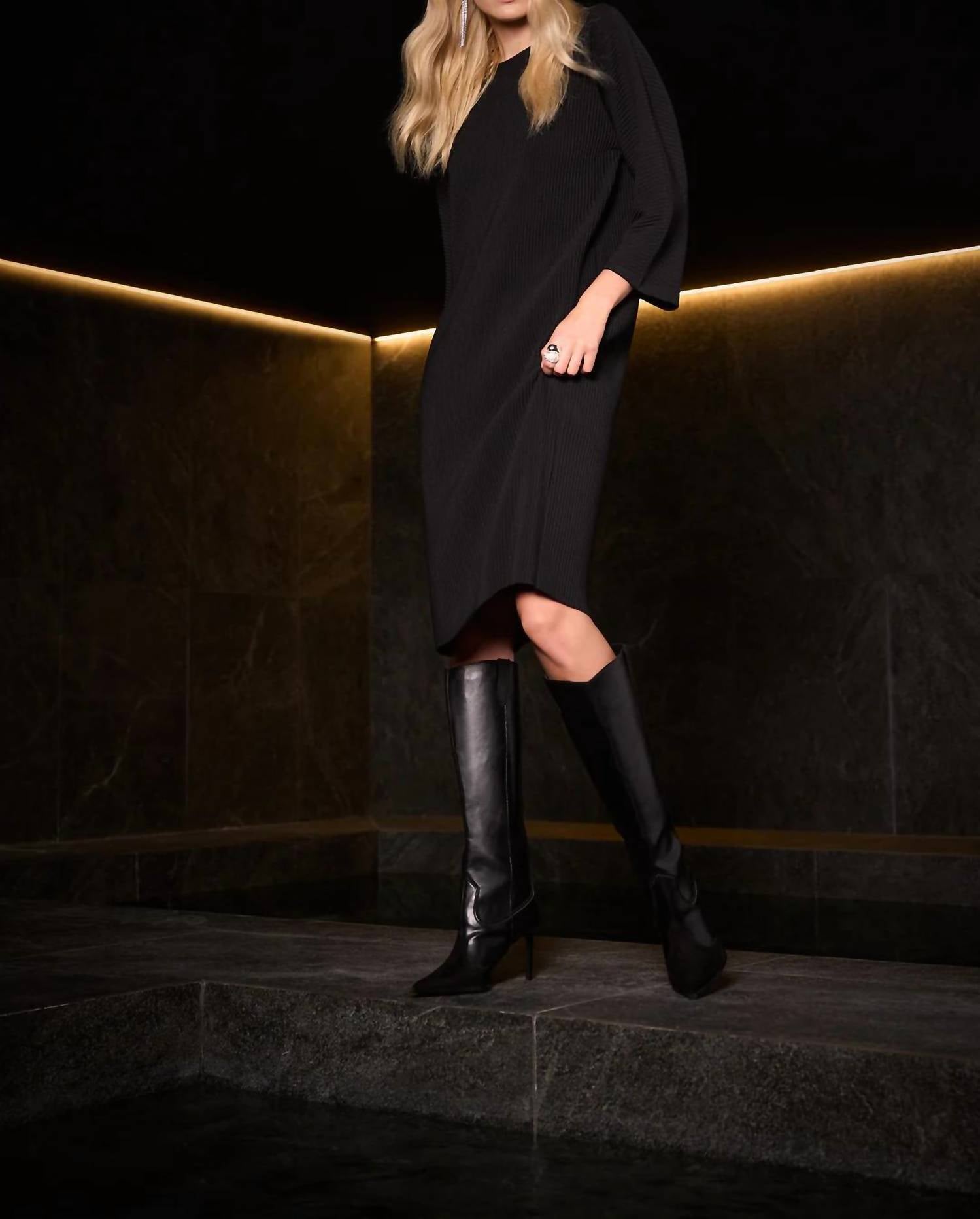 Joseph Ribkoff - Crewneck 3/4 Sleeves Pleated Dress