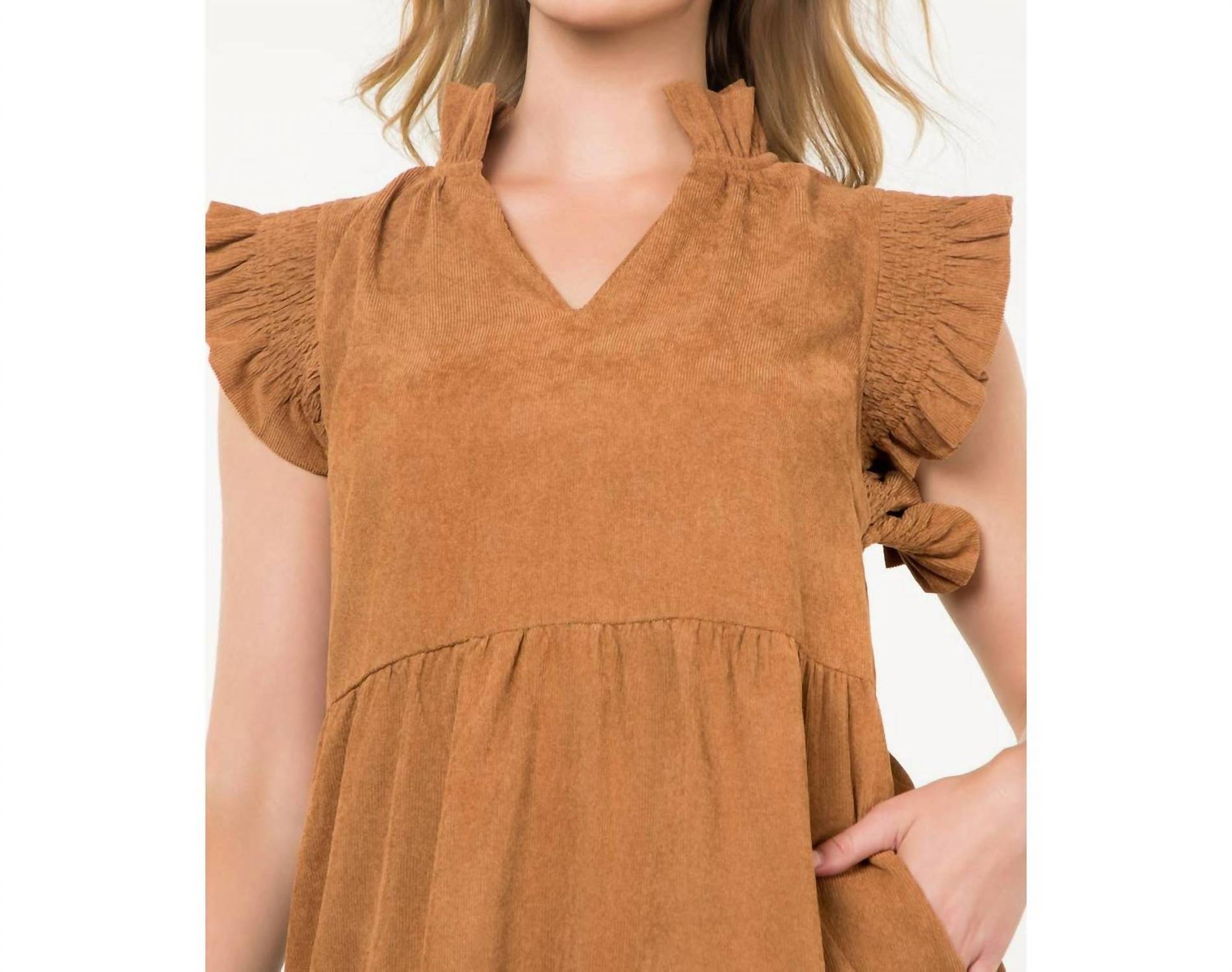 THML Flutter Sleeve Corduroy Midi Dress in camel - women's dress - view 4
