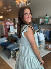 She + Sky - Ruffle Sleeve Button Down Twill Dress