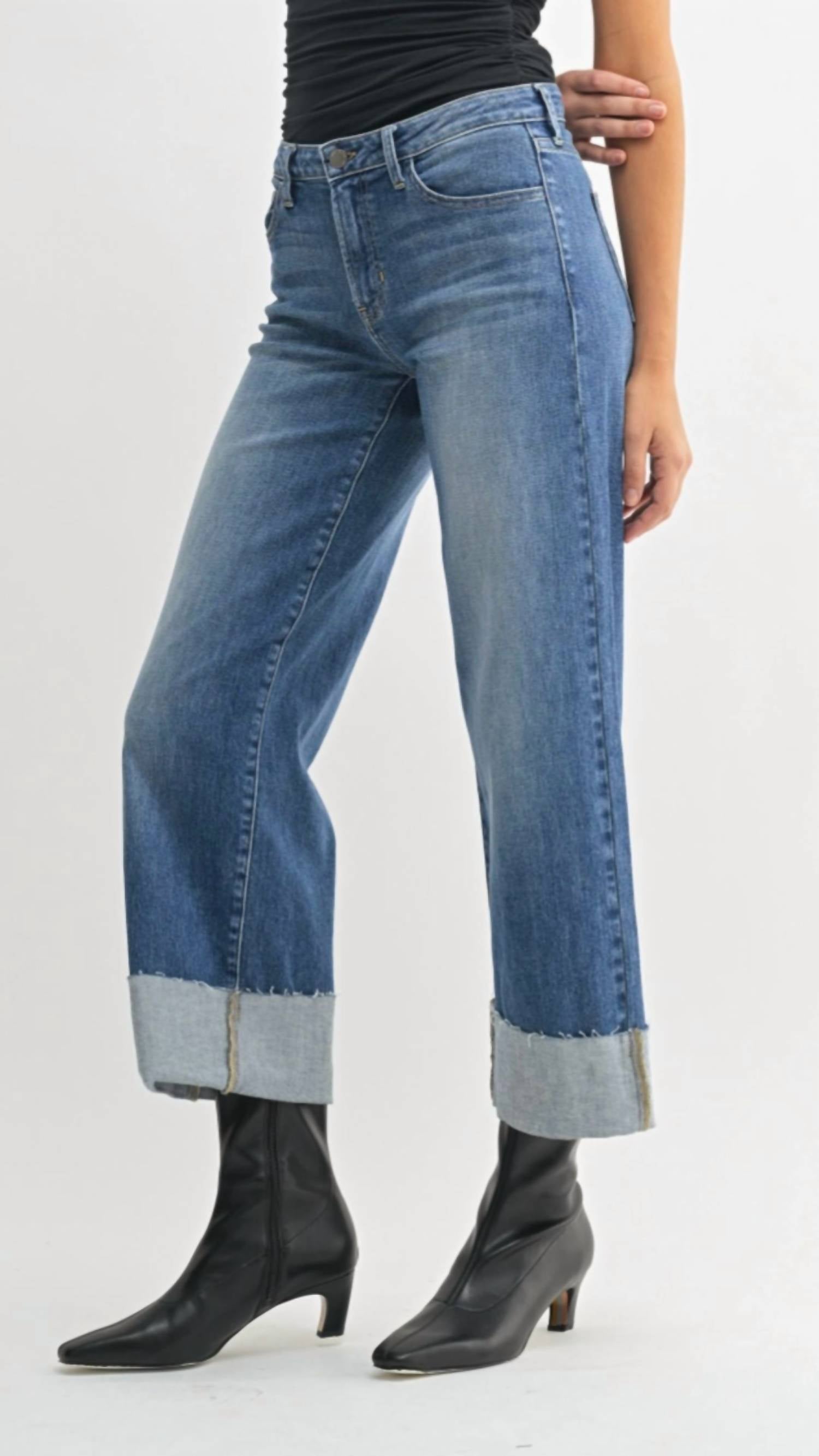 Just Black Denim - Mid Rise Scissor Cut Cuffed Slim Wide Leg Jeans