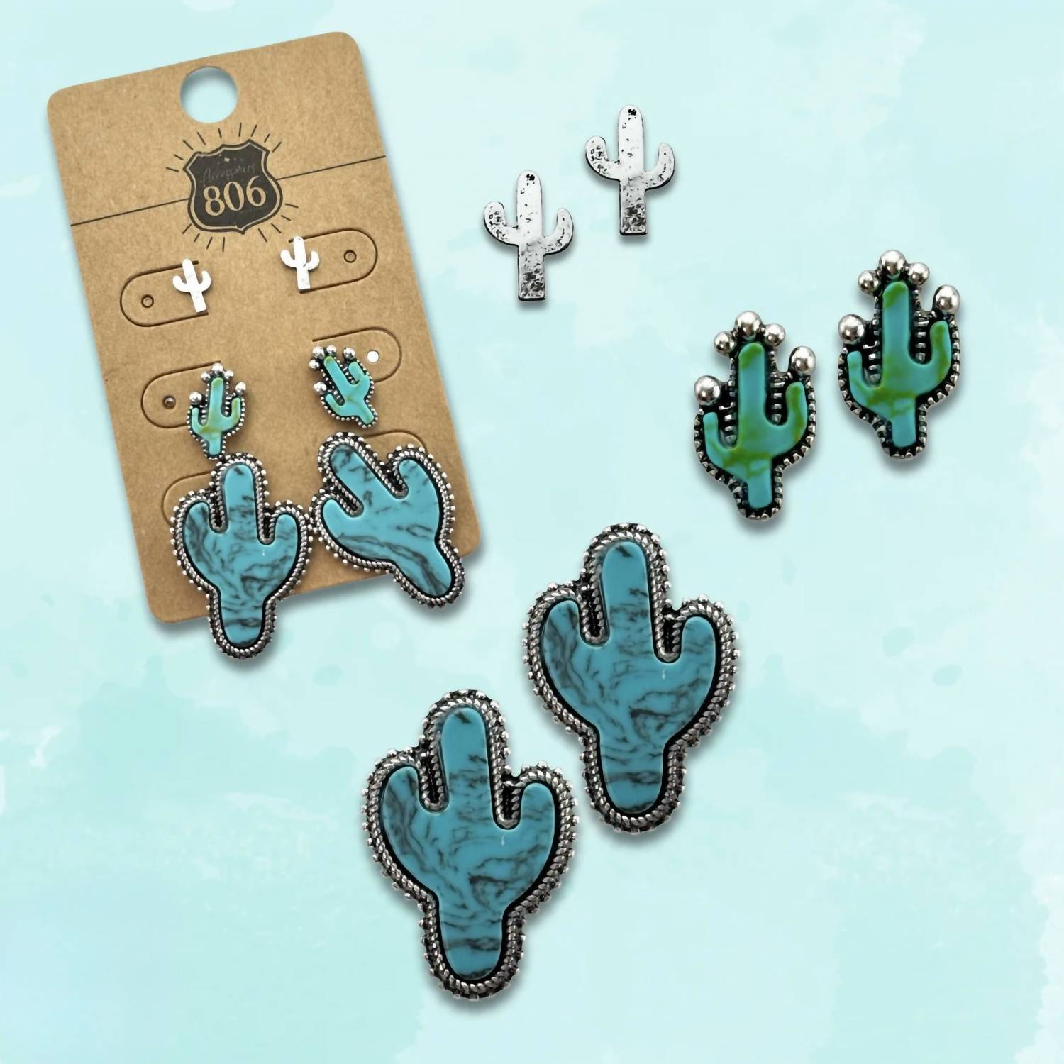 Pink Panache Women's Cactus Three Pairs Earring Set in turquoise silver - women's jewelry - view 5