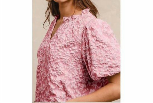Bibi - Textured Ruffled V-neck Balloon Sleeve Top