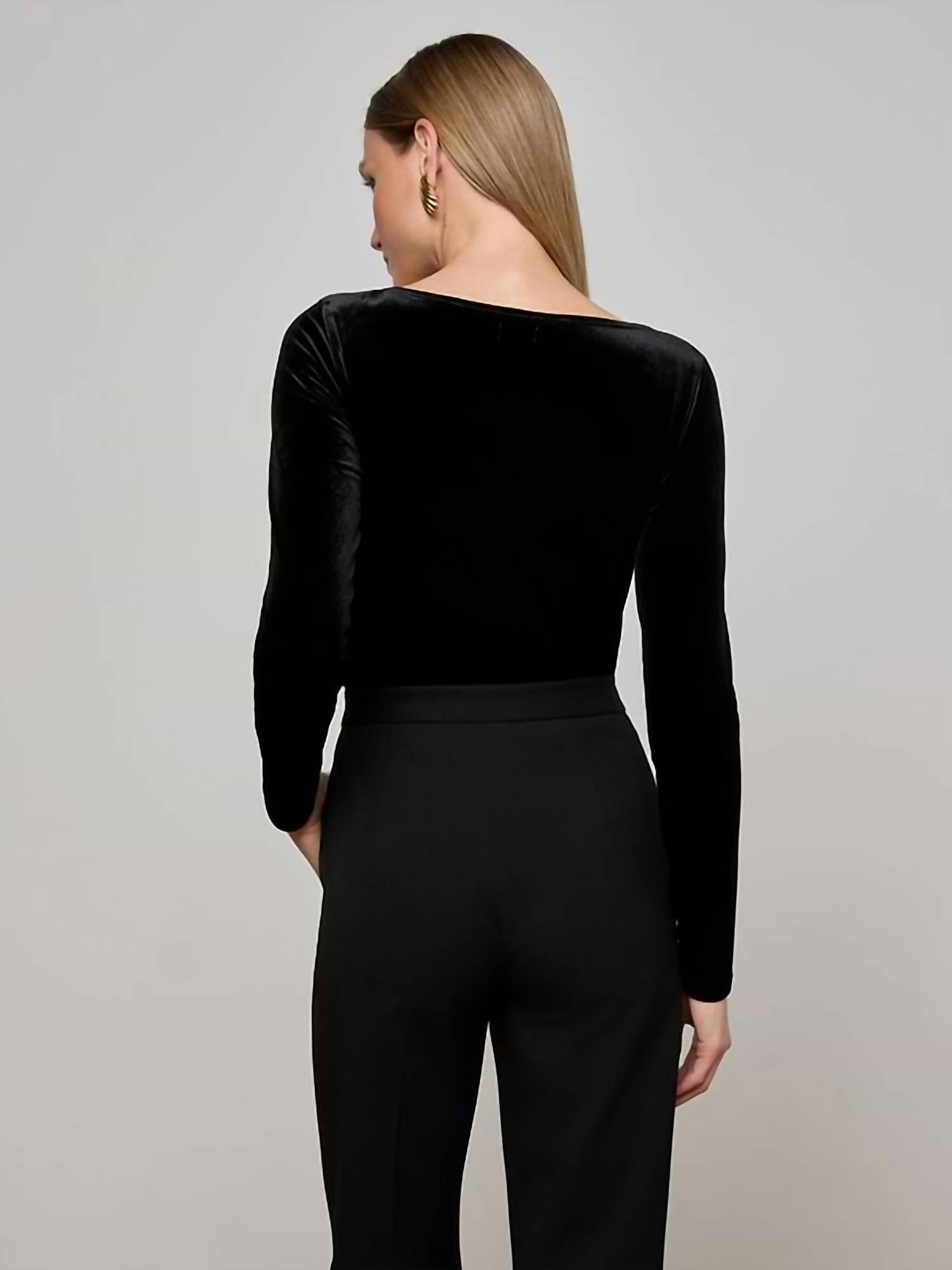 L'Agence Jelena Velvet Top in black - women's long sleeve top - detail view