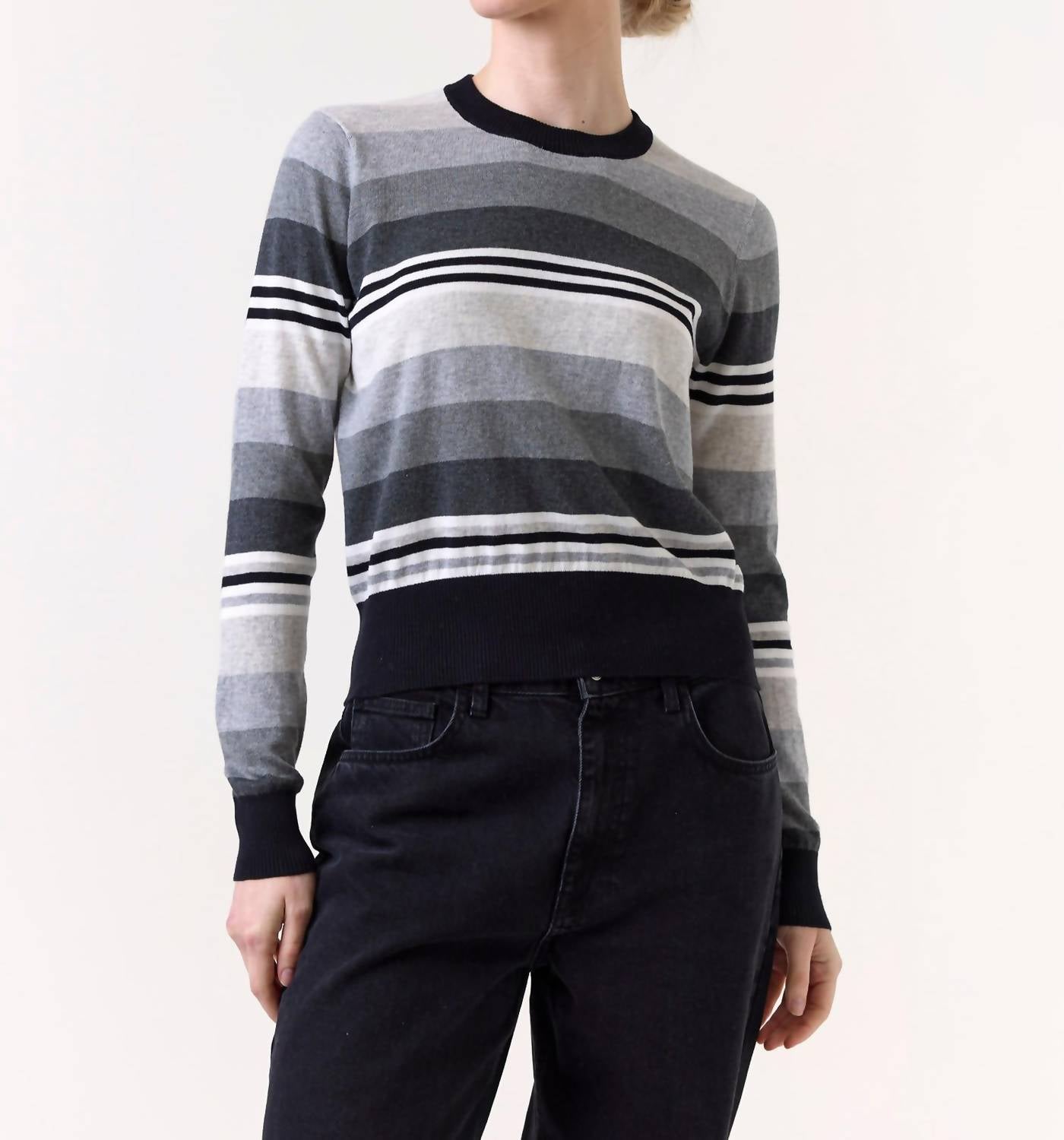 Wispr Ivy Stripe Crew Neck Sweater in black with rainbow - women's sweater