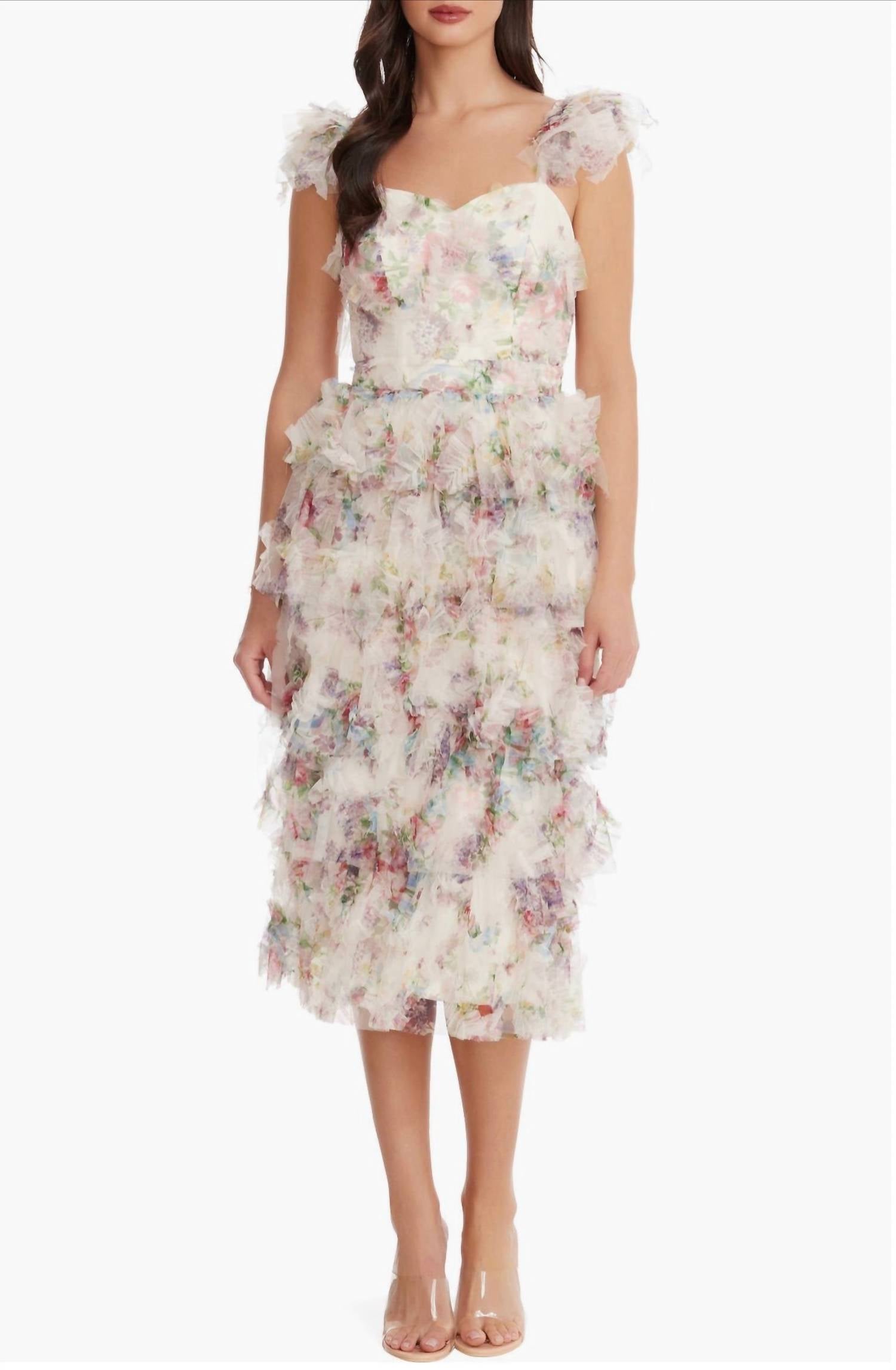 DRESS THE POPULATION Kristen Flutter Sleeve Ruffle Tier Dress in ivory multi - women's dress