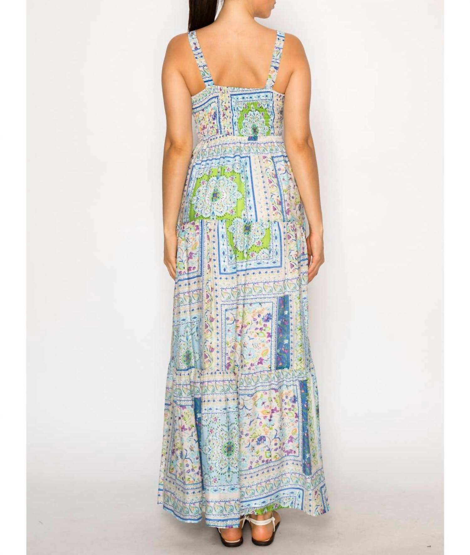 Meet Me in Santorini Mediterranean Garden Tiered Maxi Dress in santorini mediterranean garden tiered maxi dress in blue - women's dress - detail view