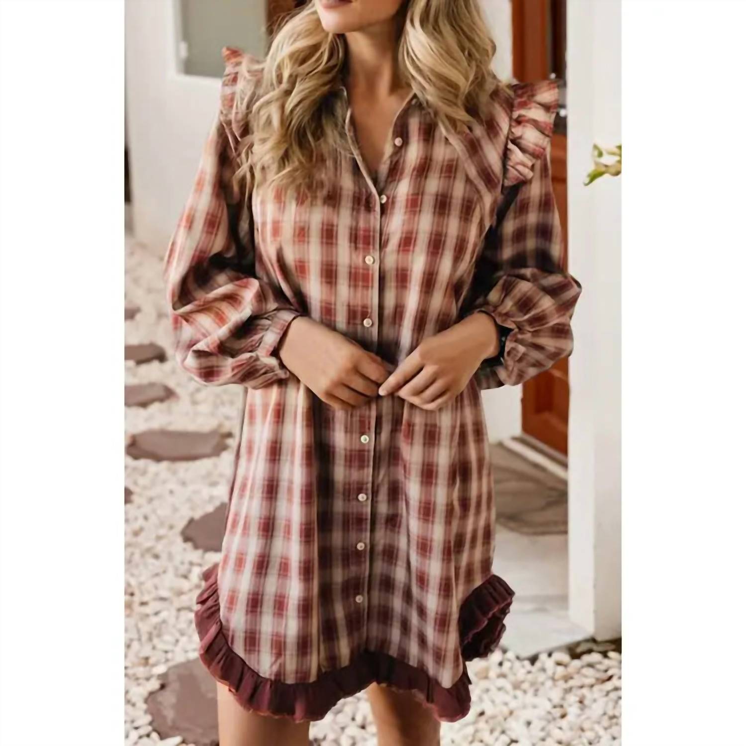 Little Daisy Closet - Peyton Plaid Ruffle Mini Shirt Dress