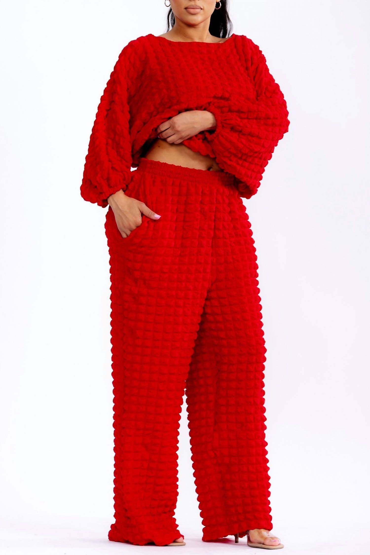 Karen T Design Relaxed-fit Top With Trendy Balloon Sleeves And Wide-leg Pants in red - women's sleepwear - view 7