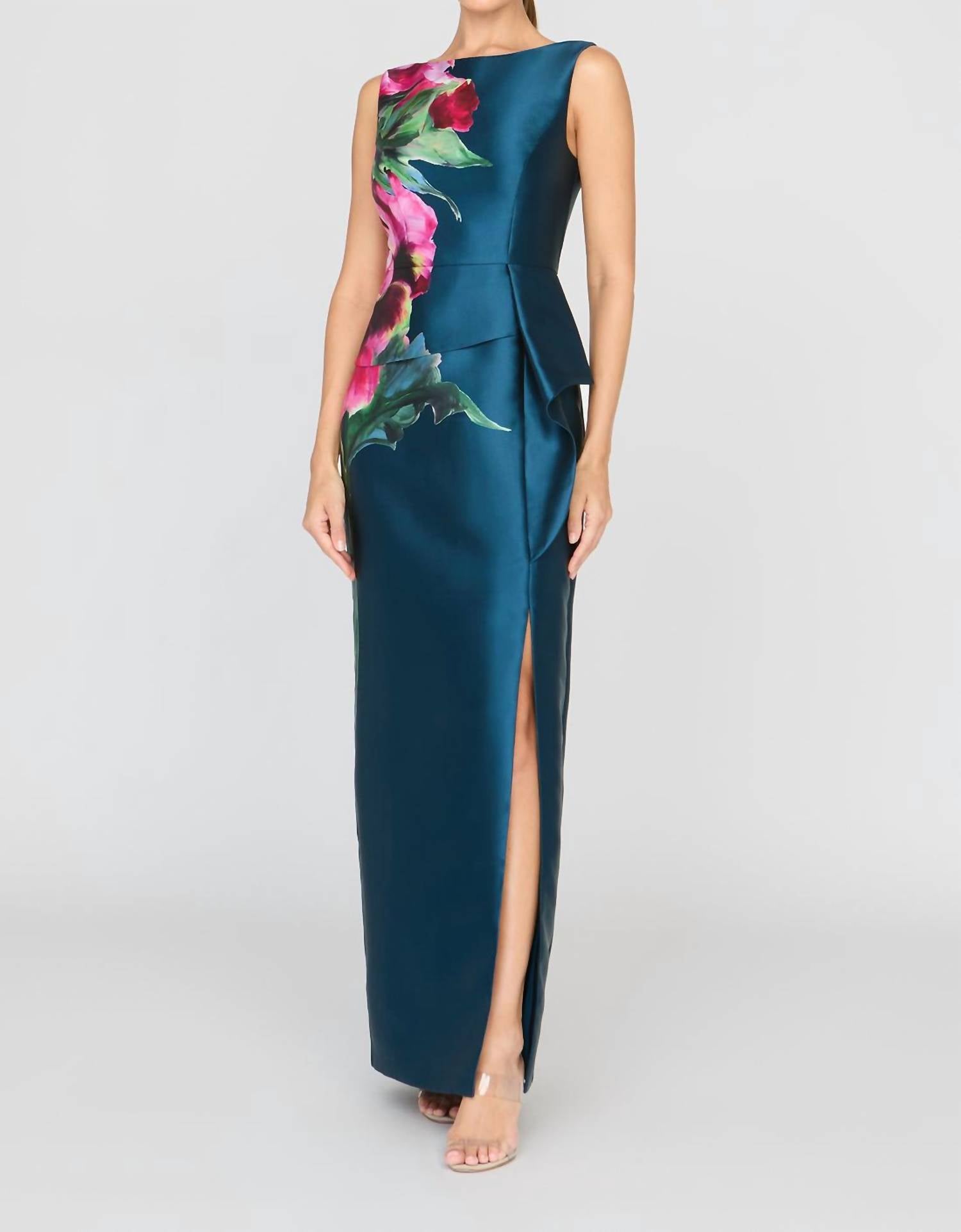 Kay Unger Luciana Column Gown with Flower in blue opal - women's dress