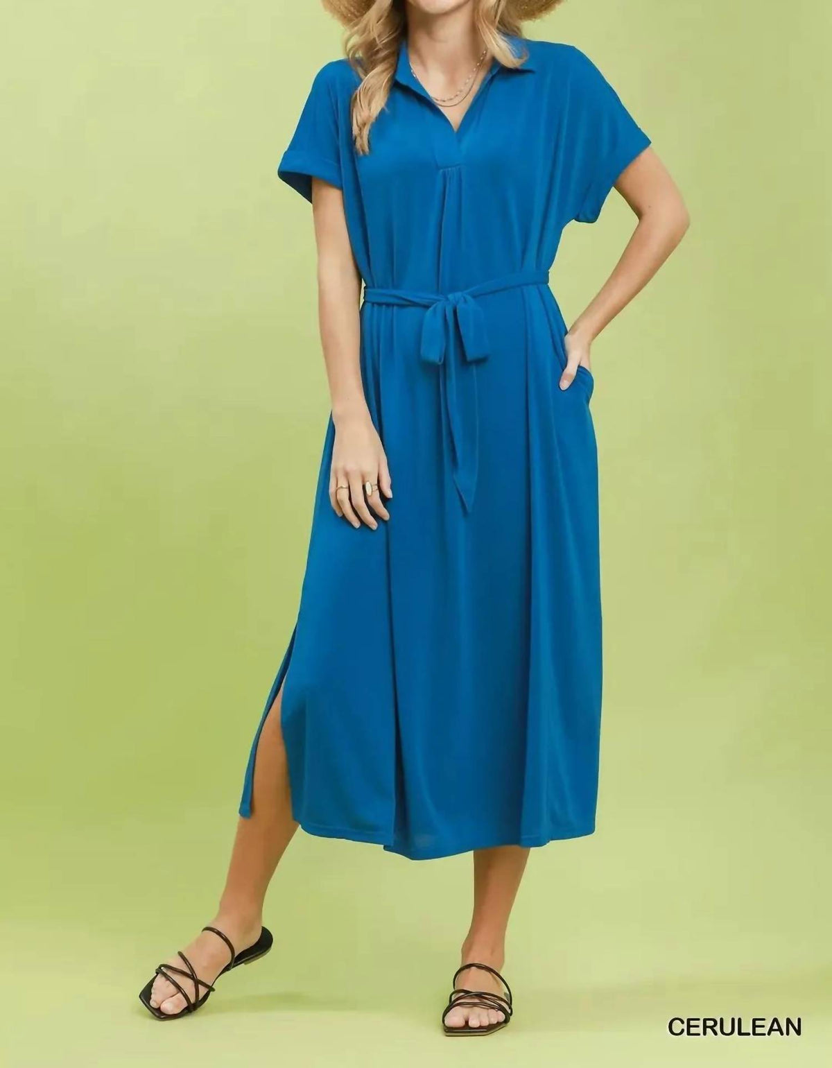 Umgee - Collared V-neck Belted Midi Dress