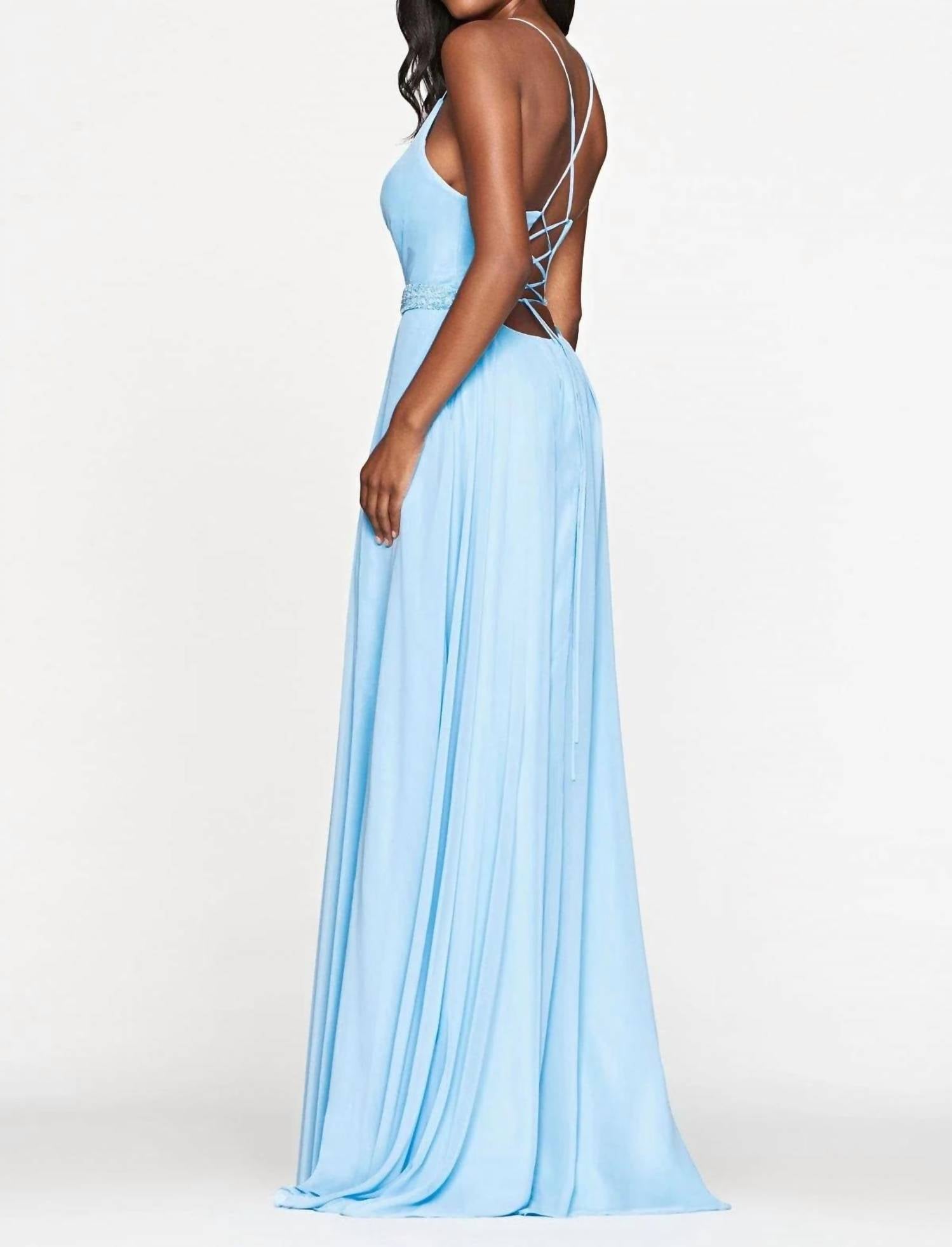FAVIANA Chiffon A-line Gown With Stones in cloud blue - women's dress - detail view