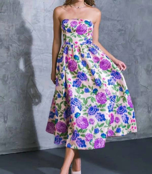 Flying Tomato - Strapless Floral Print Midi Dress