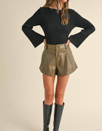 MIOU MUSE Boat Neck Ribbed Long Sleeve Top in black - women's long sleeve top