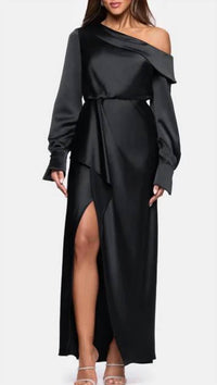 Xscape - Satin Off Shoulder Long Sleeve Maxi Dress
