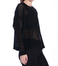 Minnie Rose Cashmere Open Novelty Stitch Boxy Pullover Sweater in black - women's sweater - alternate view