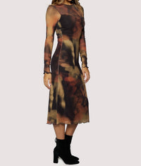 LOST + WANDER Luminous Shadow Power Mesh Midi Dress in brown multi - women's dress - detail view