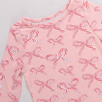 PINK CHICKEN Kid's Bamboo Pajama Set in candy cane bows - kids' sleepwear - alternate view