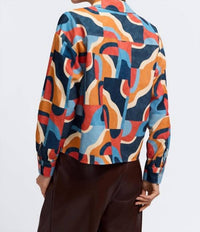 Foxcroft Marina Long Sleeve Corduroy Top in mid century art - women's long sleeve top - detail view