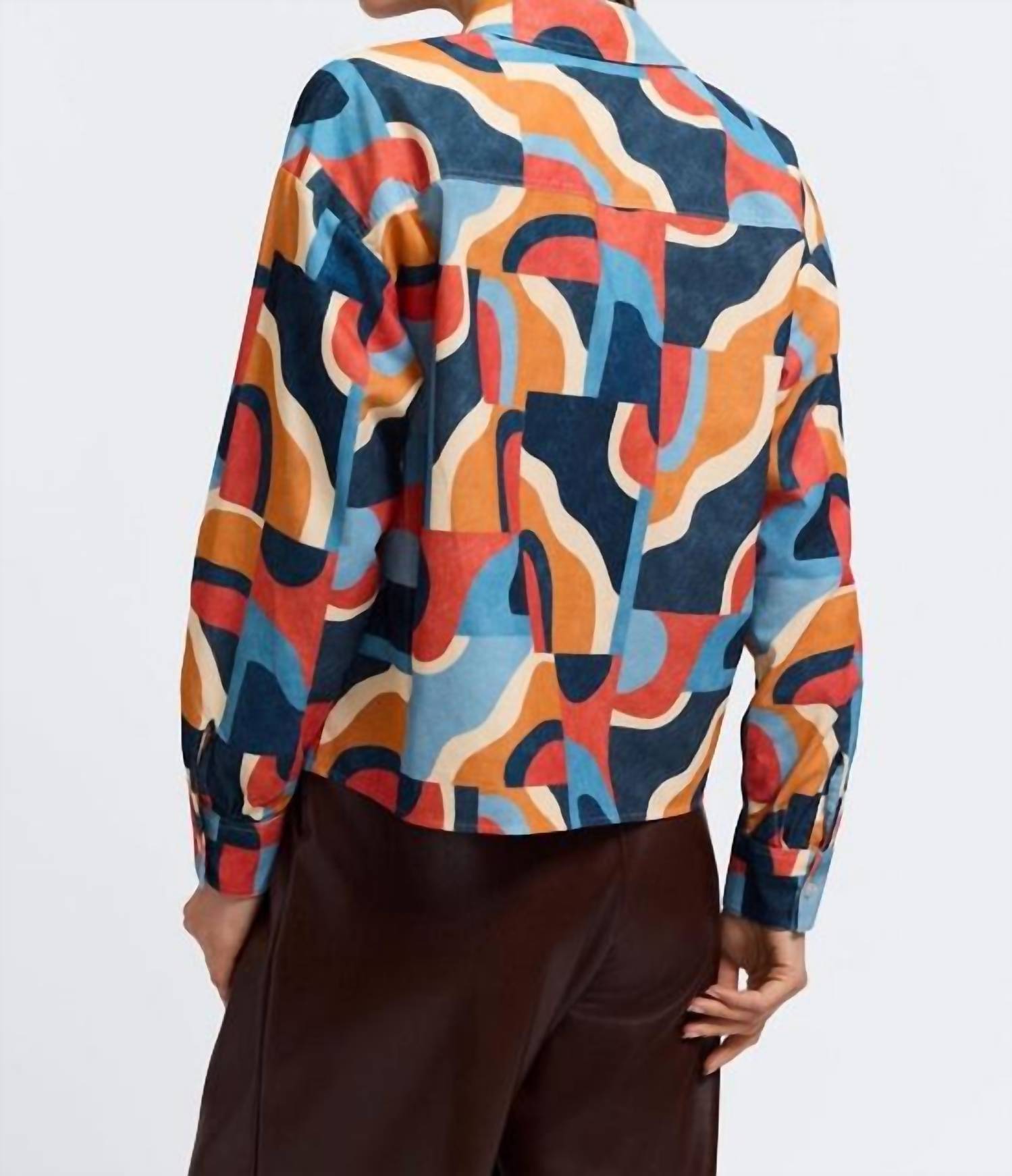 Foxcroft Marina Long Sleeve Corduroy Top in mid century art - women's long sleeve top - detail view