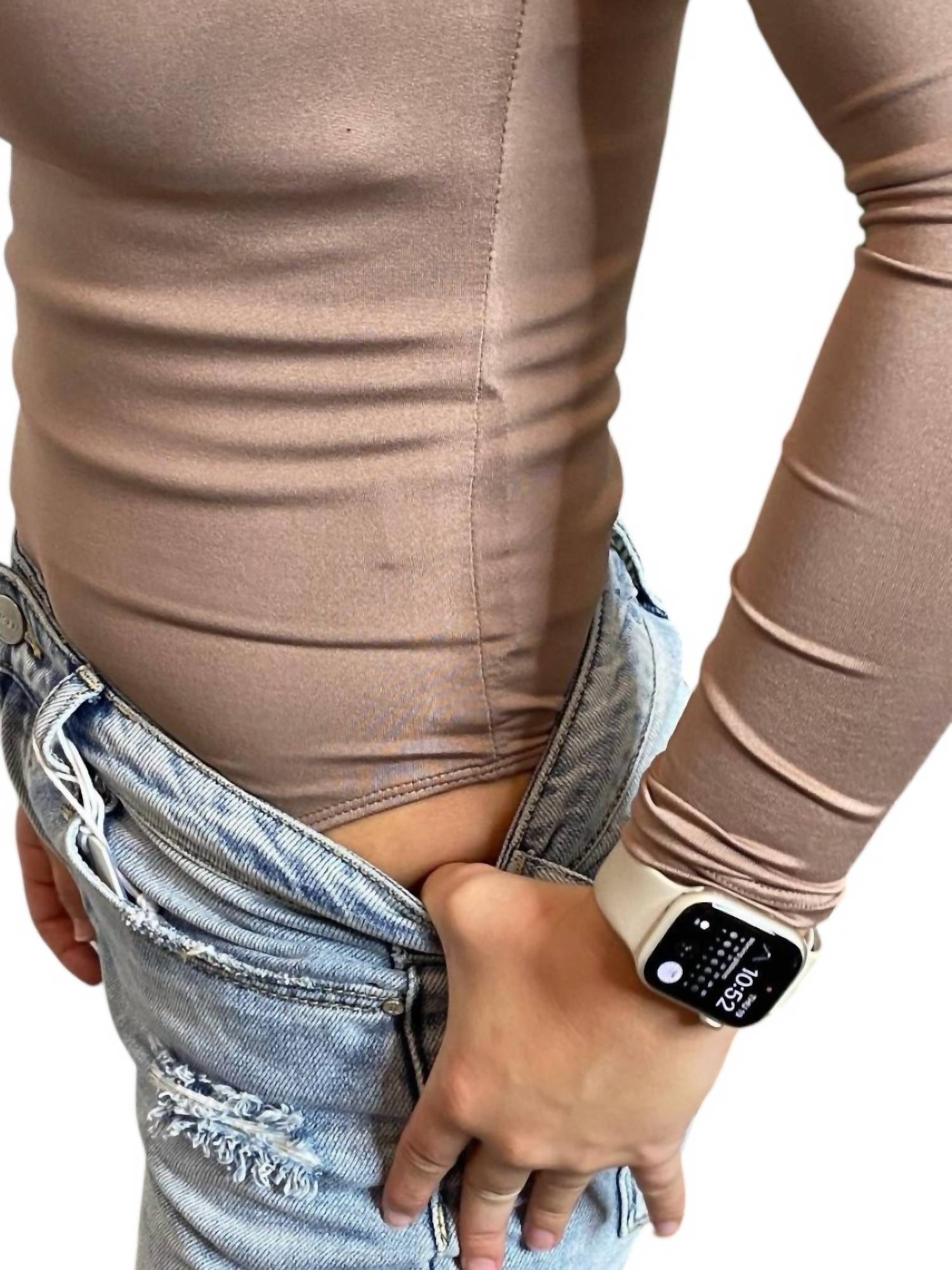 Blu Pepper Long Sleeve Bodysuits in warm taupe - women's shirt - alternate view