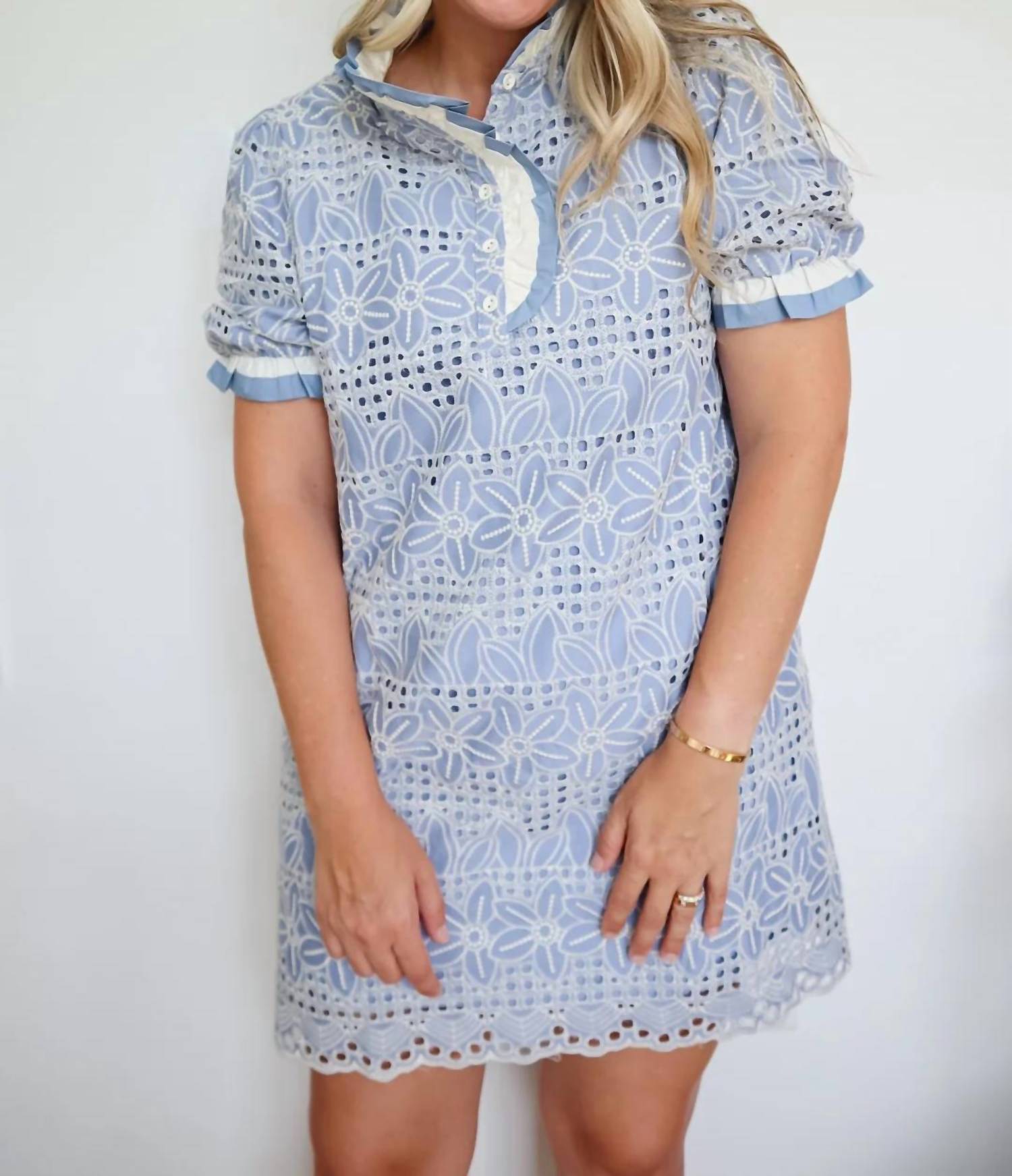 Jodifl - Women's Corinne Serene Eyelet Lace Ruffle Shift Dress