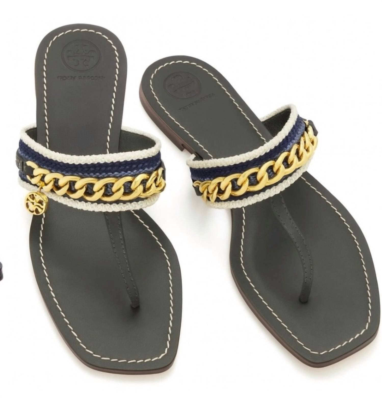 TORY BURCH Women's Mini Benton Chain Thong Sandals in poblano - women's sandal - detail view