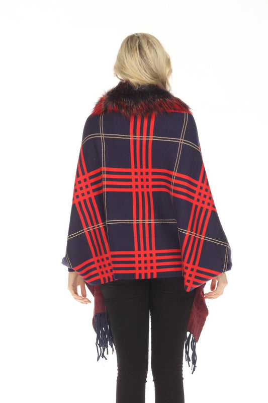 Oolala - Plaid Pattern Real Fur Collar Fringe Cape
