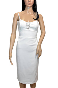 Bebe Women Illusions Bodycon Fit Spaghetti Strap Pencil Sheath Dress Ivory White