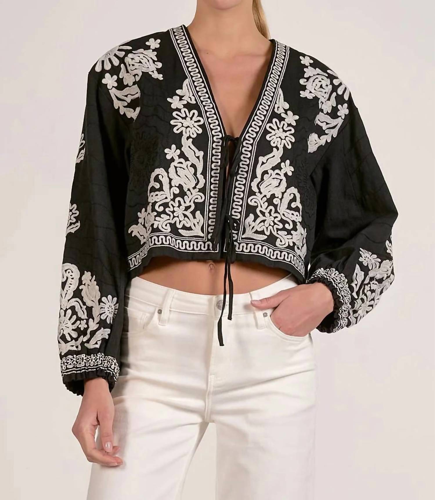 Elan - Embroidered Tie Front Jacket