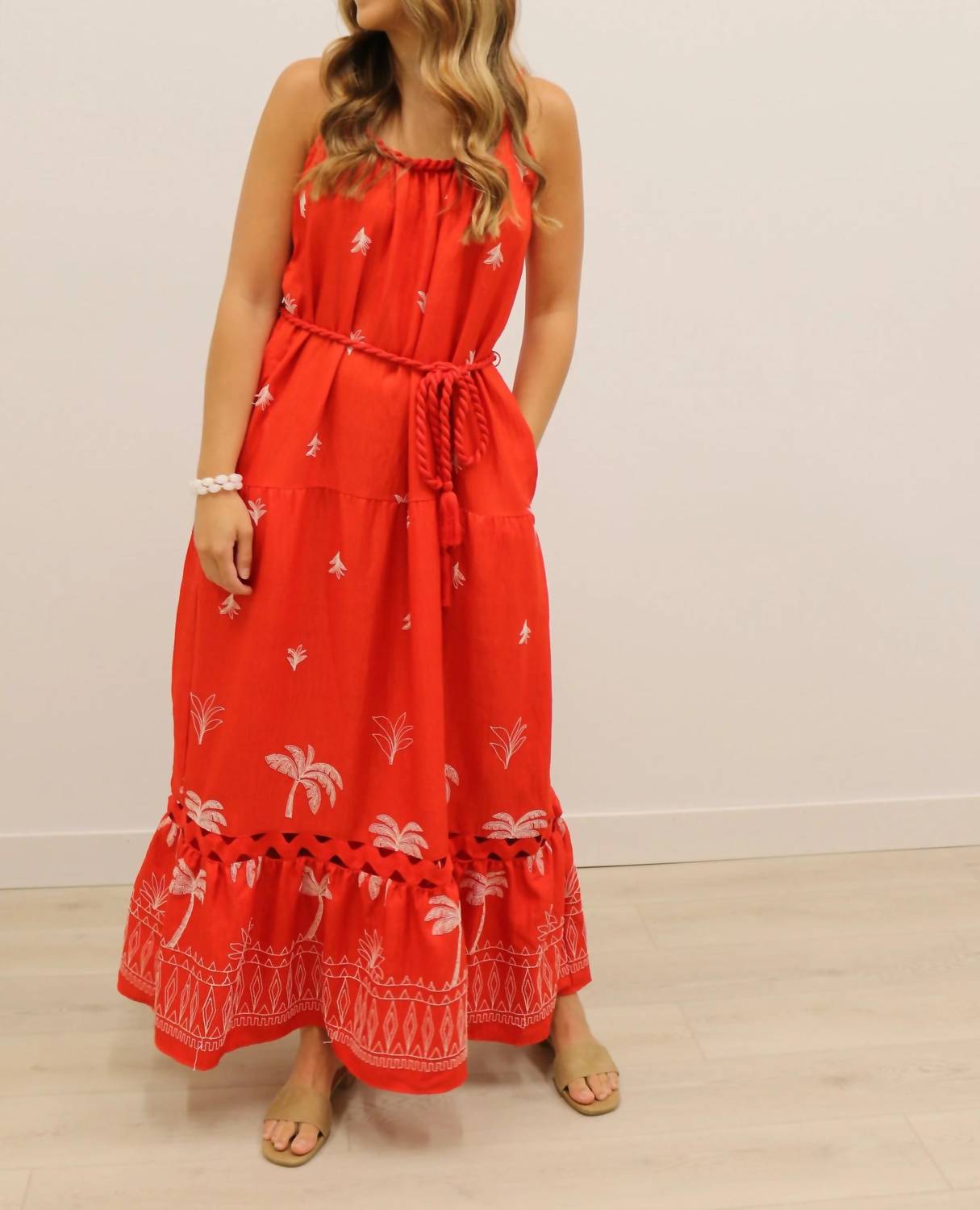 Skies Are Blue - Saylor Palm Tree Embroidered Maxi Dress