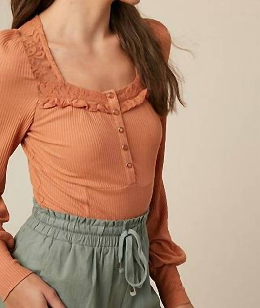 Listicle - Lace Puff Long Sleeve Knit Top - Clay