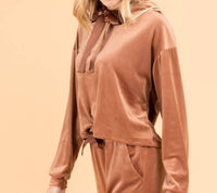 GILLI Velvet Boxy Hooded Top in brick brown - women's top