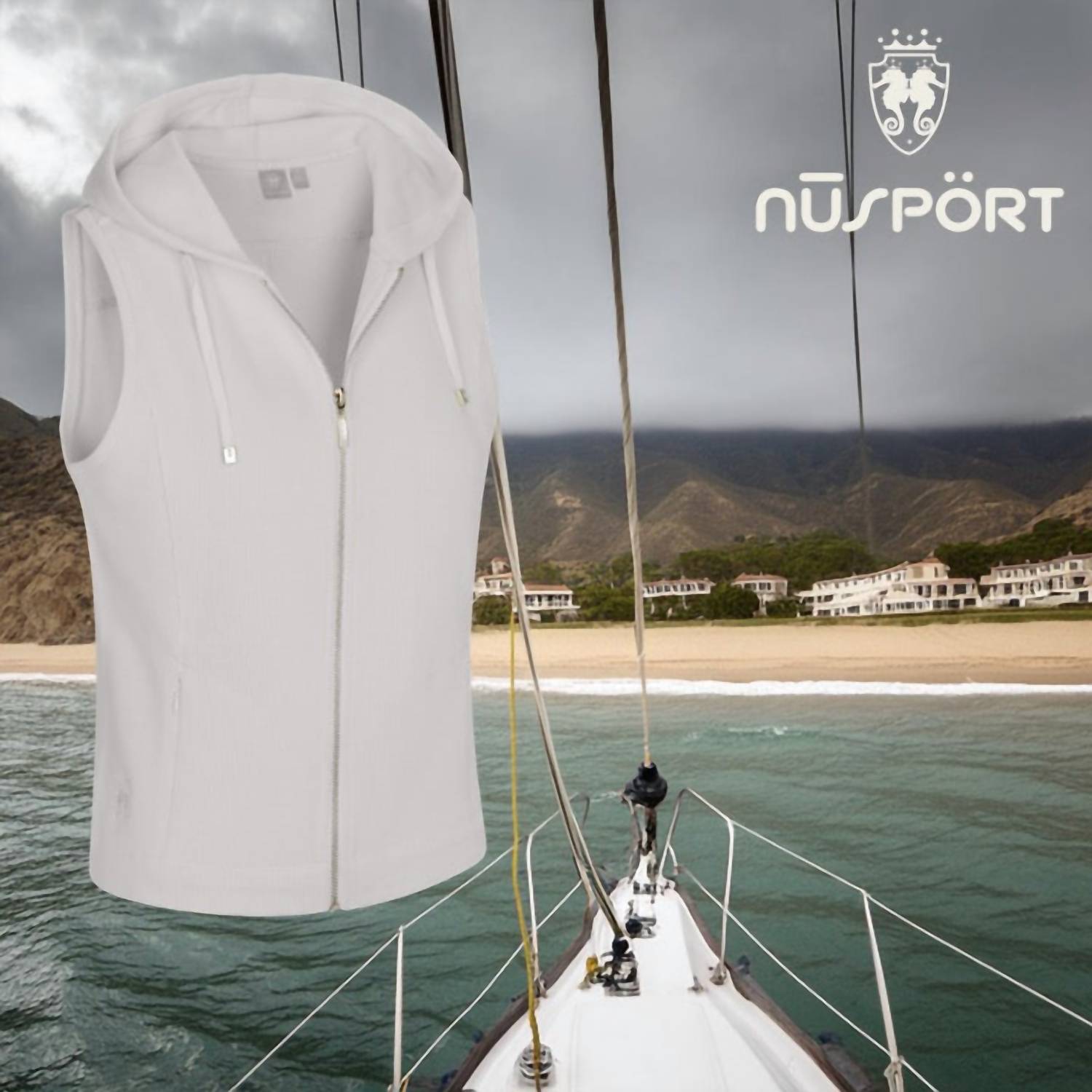 NUSPORT Women's Malibu Hoodie Vest in sand - women's jacket - detail view
