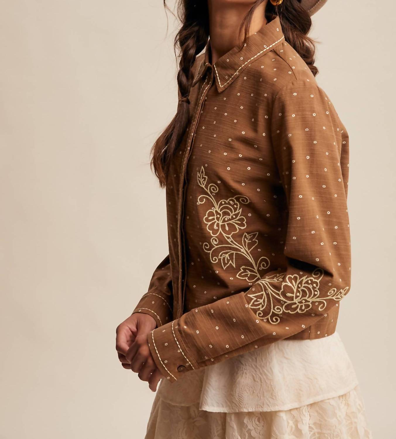 Listicle Caspia Embroidered Western Shirt in brown - women's blouse - view 5