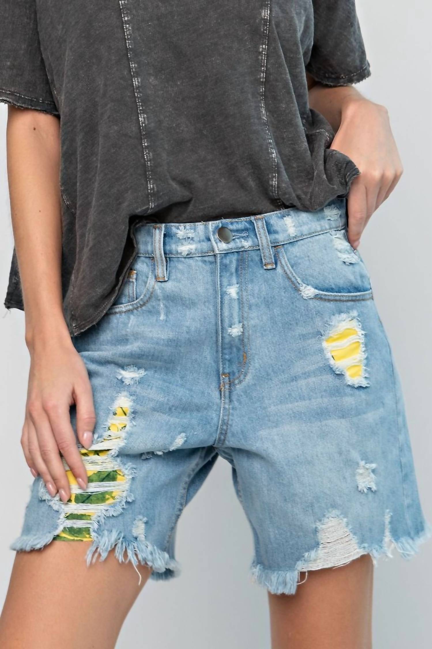 Easel - Distressed High-Rise Shorts