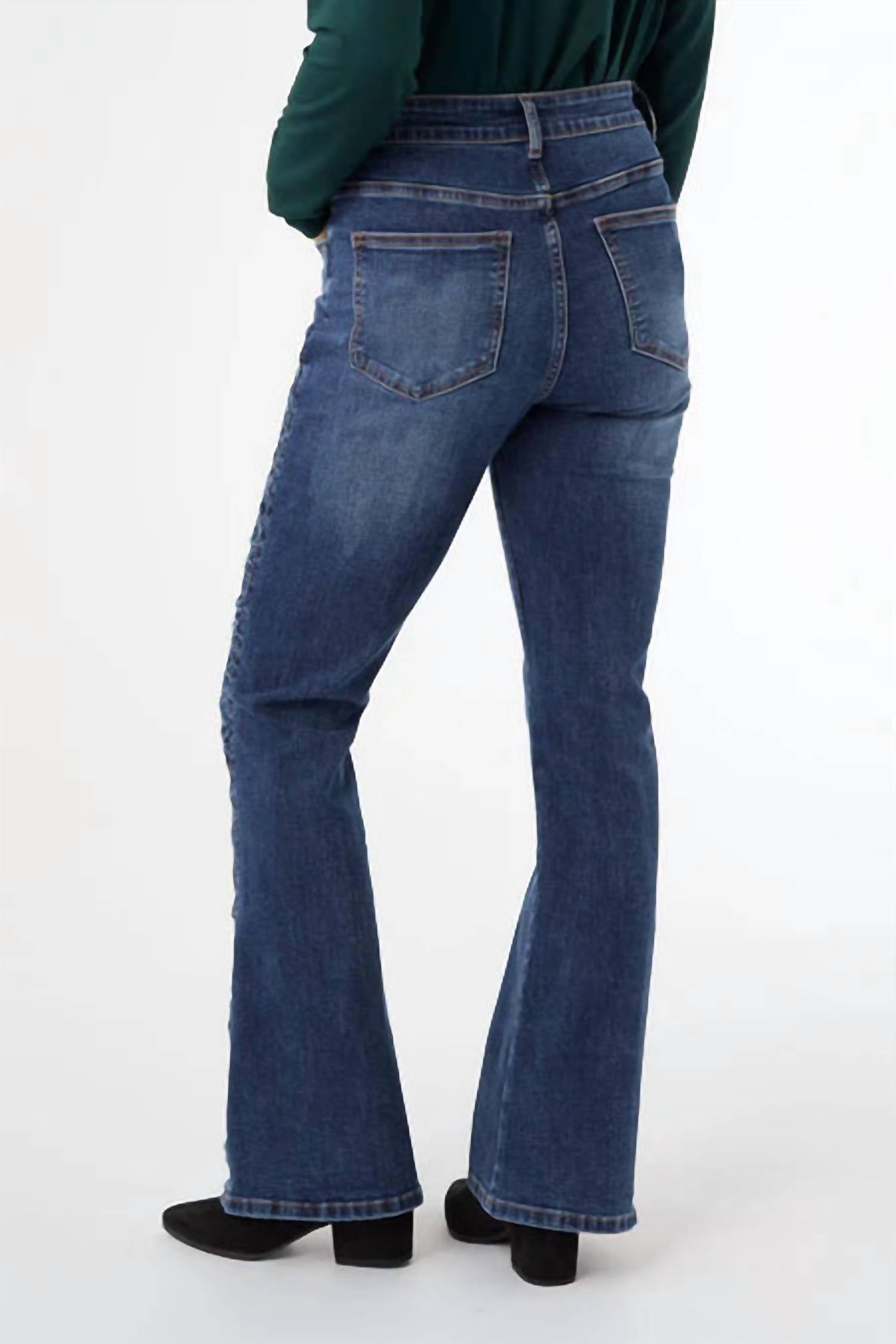 COCO + CARMEN Everstretch Flare With Side Rouching Jean in dark denim - women's jeans - detail view