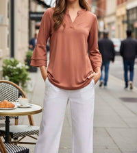 Dear Scarlett Solid Color Tiered Bell Sleeve Top in caramel - women's t-shirt - detail view