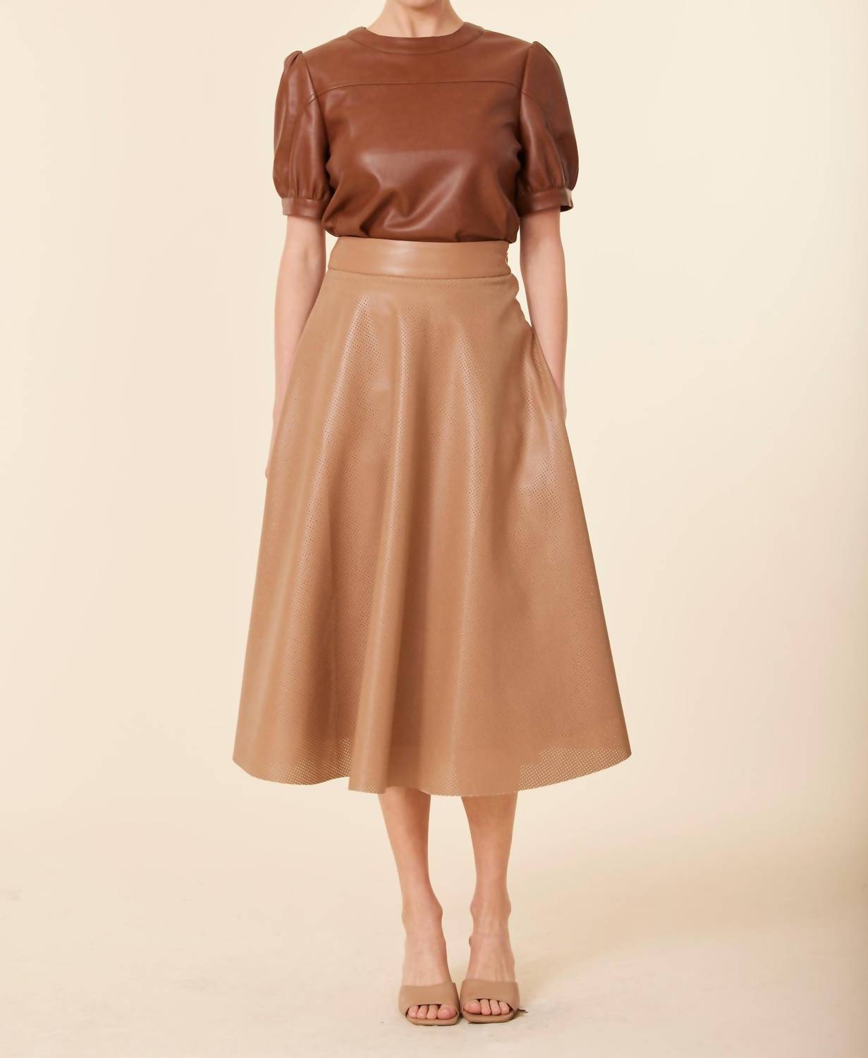 DOLCE CABO Faux Leather Perforated Skirt in camel - women's skirt
