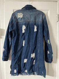 Blue Age - Women's Long Denim Distressed Jacket With Pockets