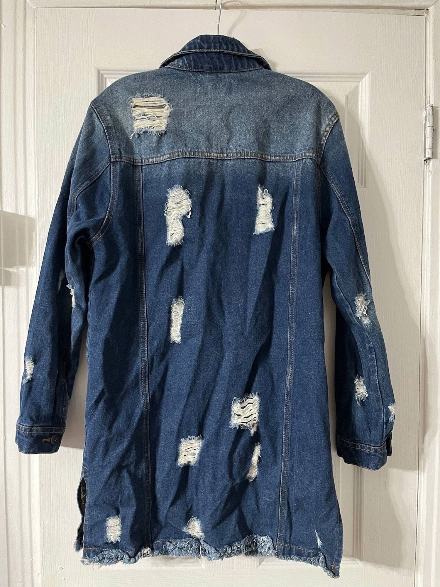 Blue Age - Women's Long Denim Distressed Jacket With Pockets