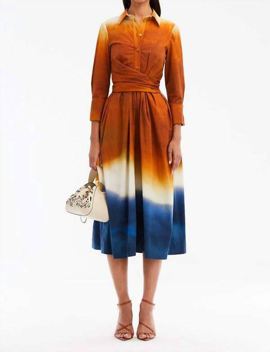 Oscar De La Renta - Long Sleeve Wrap-Detailed Abstract Ombre Poplin Dress